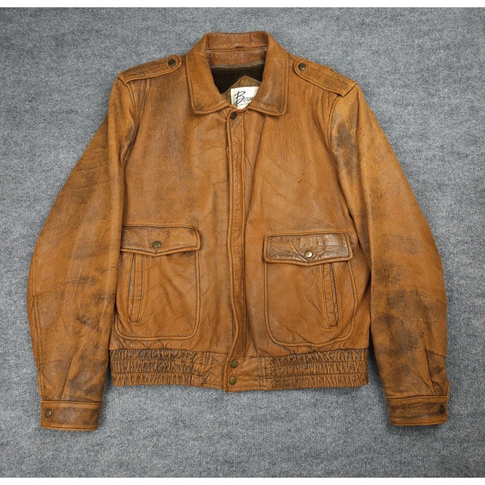 Vtg Berman's Leather Bomber Jacket 44L Brown Full Zip Faded Distressed Liner